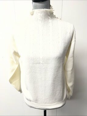 Elegant Vintage Cream Cable-Front Mock Neck Sweater